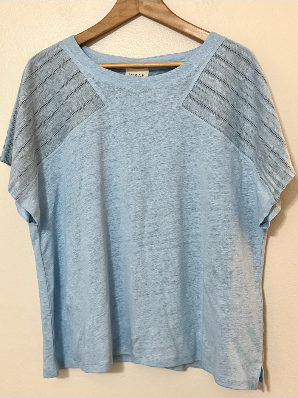Wrap London Baby Blue 100% Linen Lace Sleeve Top US 14 Lagenlook Boho